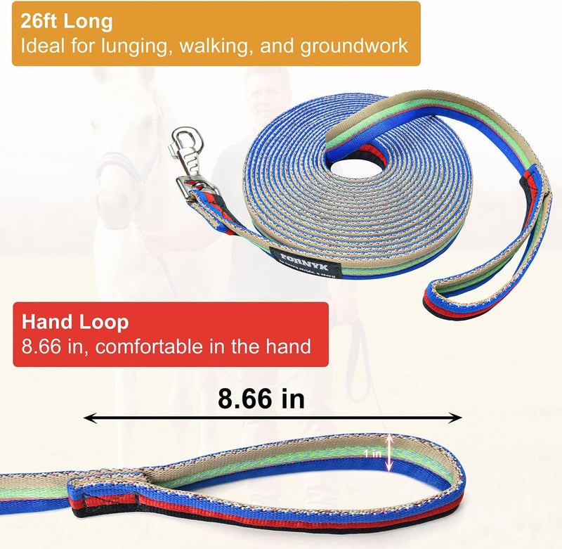 Fornyk Lunge Line for Horse, Equine Lunge Line with Solid Swivel Alloy Trigger Buckle for Accurate Equestrian Training, Competition and Daily Use, 26ft/8m (Gray-Green-Blue) - Image 2